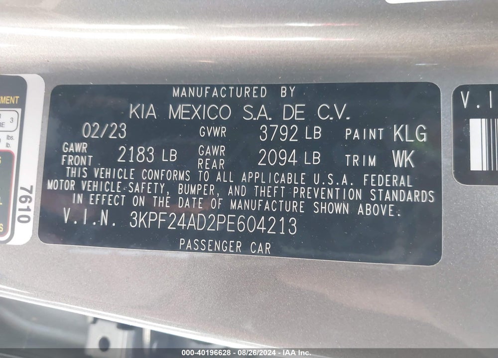 2023 KIA FORTE LXS VIN: 3KPF24AD2PE604213