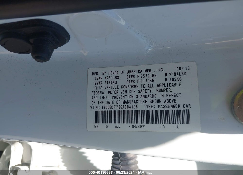 2016 ACURA TLX V6 ADVANCE VIN: 19UUB3F75GA004195