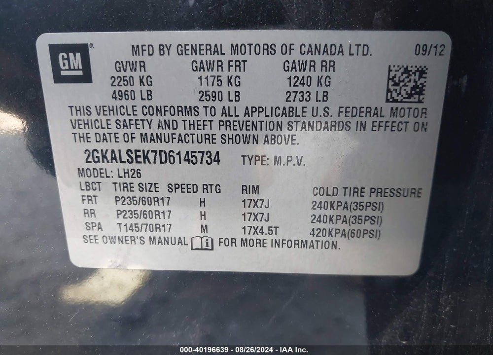 2013 GMC TERRAIN SLE-2 VIN: 2GKALSEK7D6145734