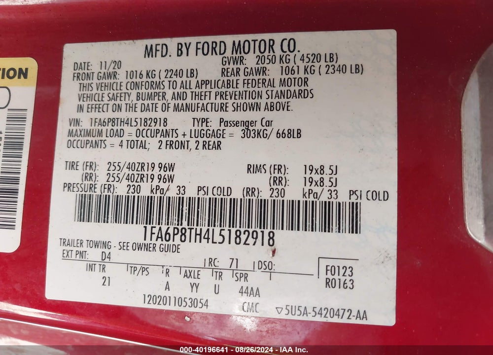 2020 FORD MUSTANG ECOBOOST FASTBACK VIN: 1FA6P8TH4L5182918