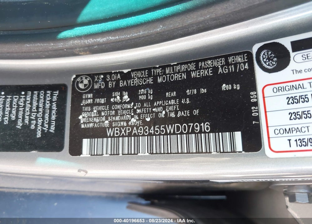 2005 BMW X3 3.0I VIN: WBXPA93455WD07916