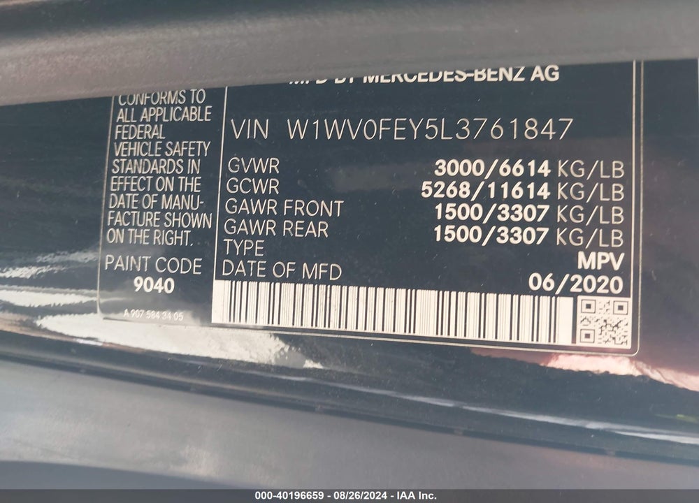 2020 MERCEDES-BENZ METRIS VIN: W1WV0FEY5L3761847
