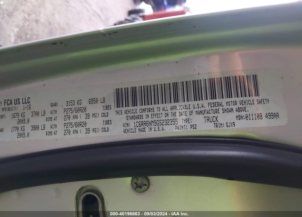 2016 RAM 1500 LAIE VIN: 1C6RR6NM9GS232355