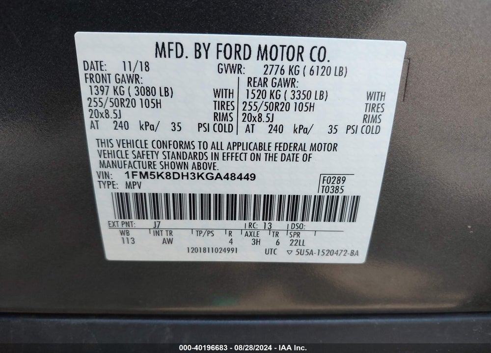 2019 FORD EXPLORER XLT VIN: 1FM5K8DH3KGA48449