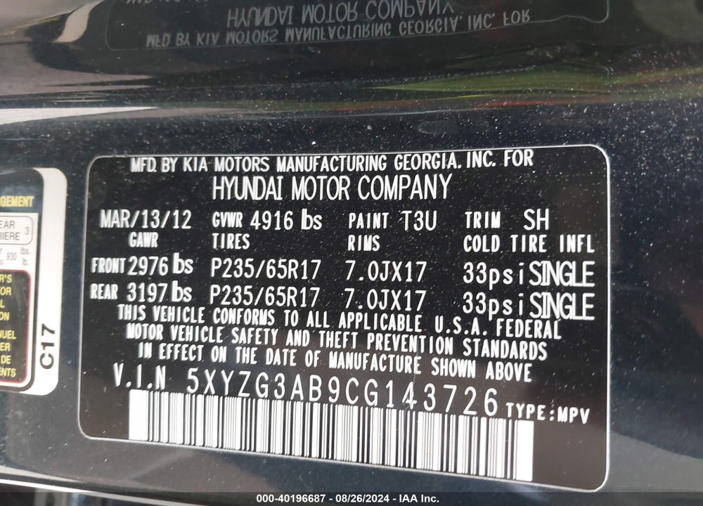 2012 HYUNDAI SANTA FE GLS VIN: 5XYZG3AB9CG143726