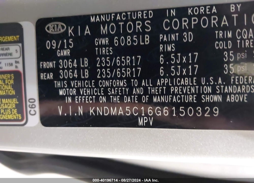 2016 KIA SEDONA L VIN: KNDMA5C16G6150329