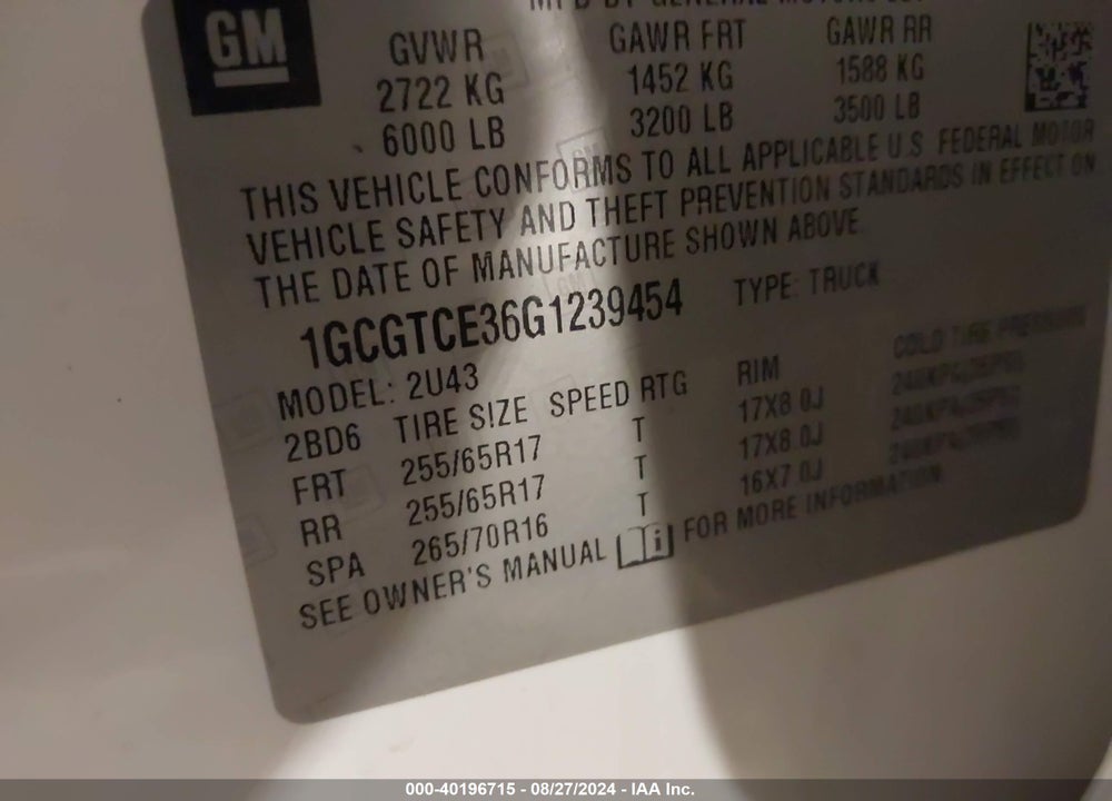 2016 CHEVROLET COLORADO LT VIN: 1GCGTCE36G1239454