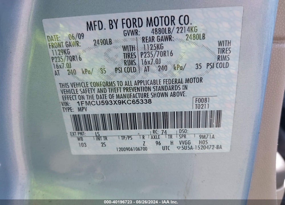 2009 FORD ESCAPE HYBRID LIMITED VIN: 1FMCU593X9KC65338