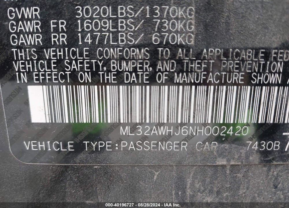 2022 MITSUBISHI MIRAGE BLACK EDITION VIN: ML32AWHJ6NH002420