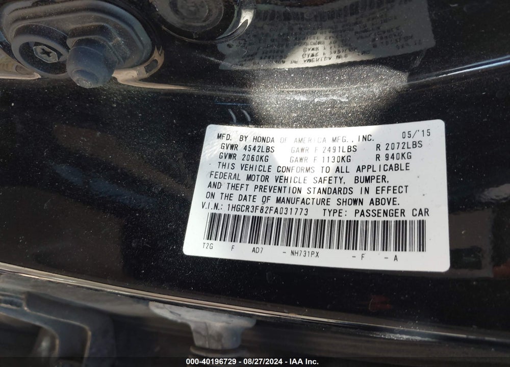 2015 HONDA ACCORD EX-L V-6 VIN: 1HGCR3F82FA031773