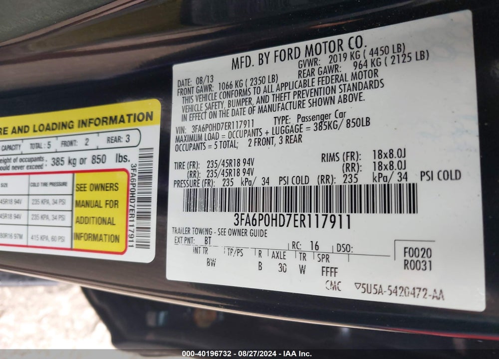 2014 FORD FUSION SE VIN: 3FA6P0HD7ER117911