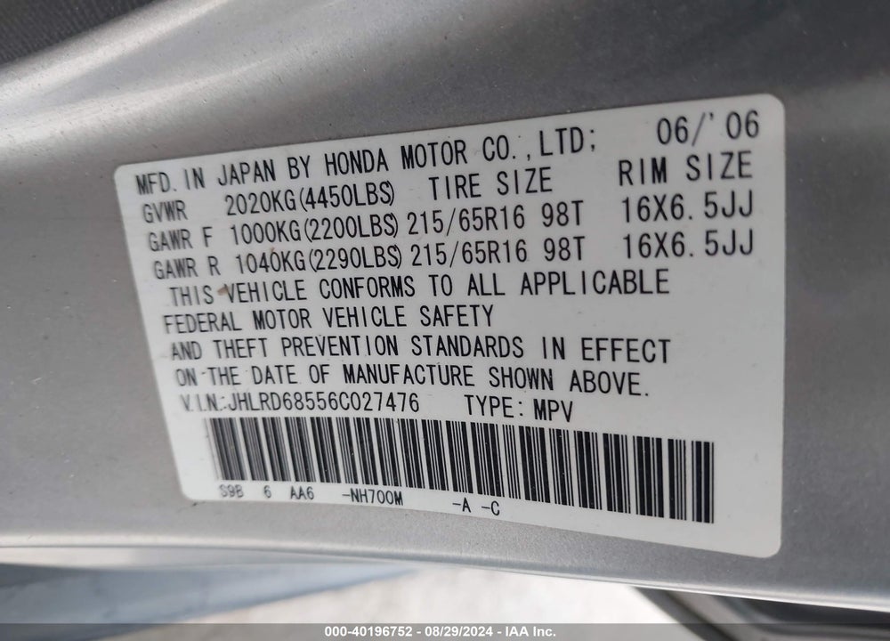 2006 HONDA CR-V LX VIN: JHLRD68556C027476