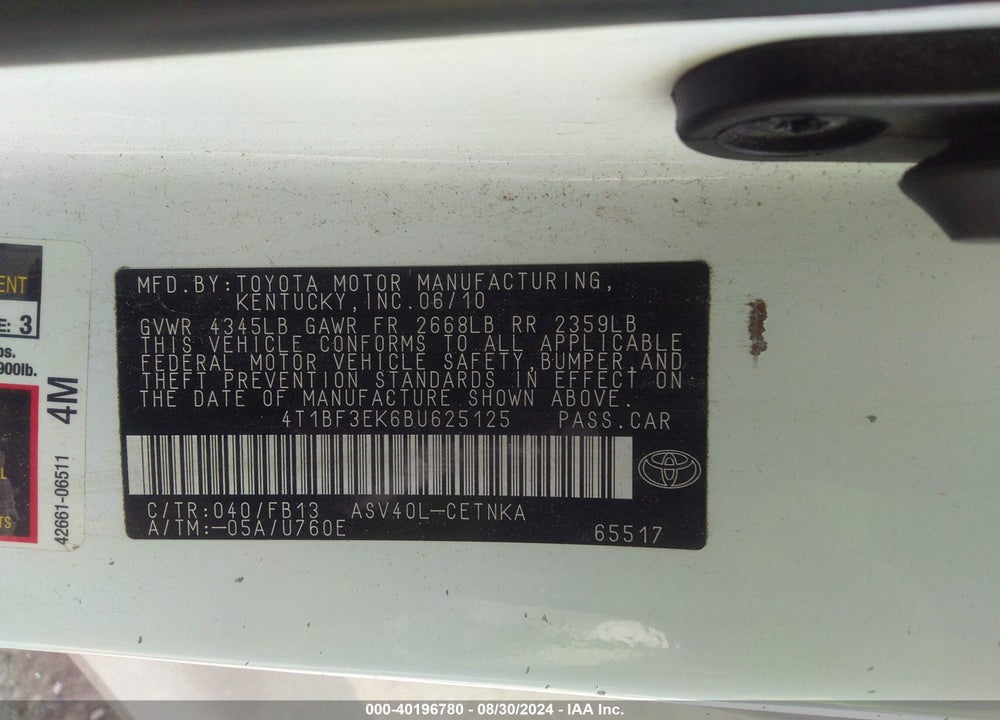 2011 TOYOTA CAMRY LE VIN: 4T1BF3EK6BU625125