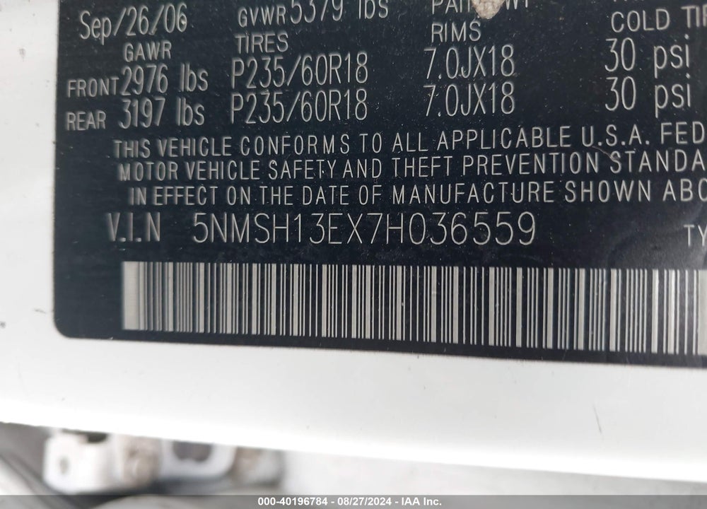 2007 HYUNDAI SANTA FE VIN: 5NMSH13EX7H036559