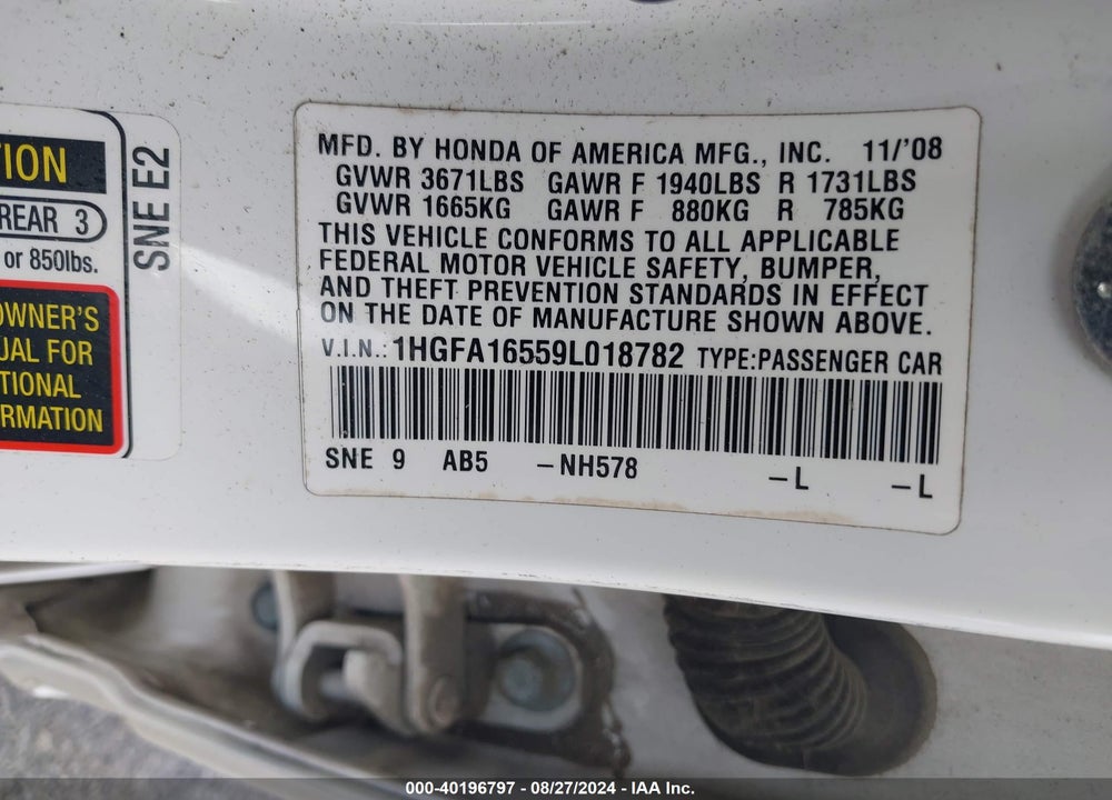 2009 HONDA CIVIC LX VIN: 1HGFA16559L018782