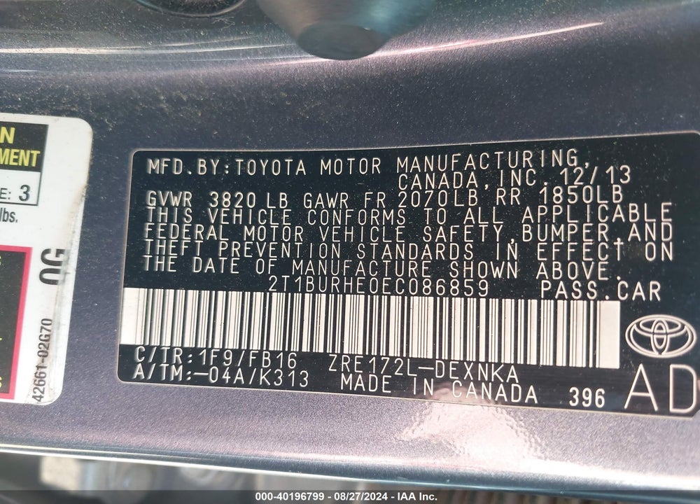2014 TOYOTA COROLLA LE VIN: 2T1BURHE0EC086859