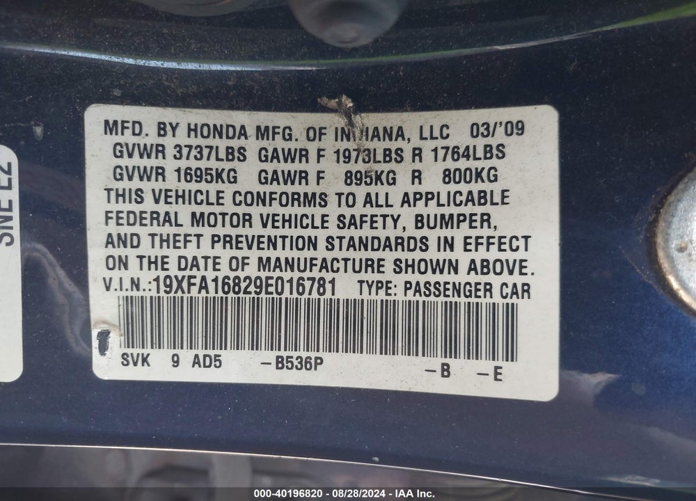 2009 HONDA CIVIC VIN: 19XFA16829E016781