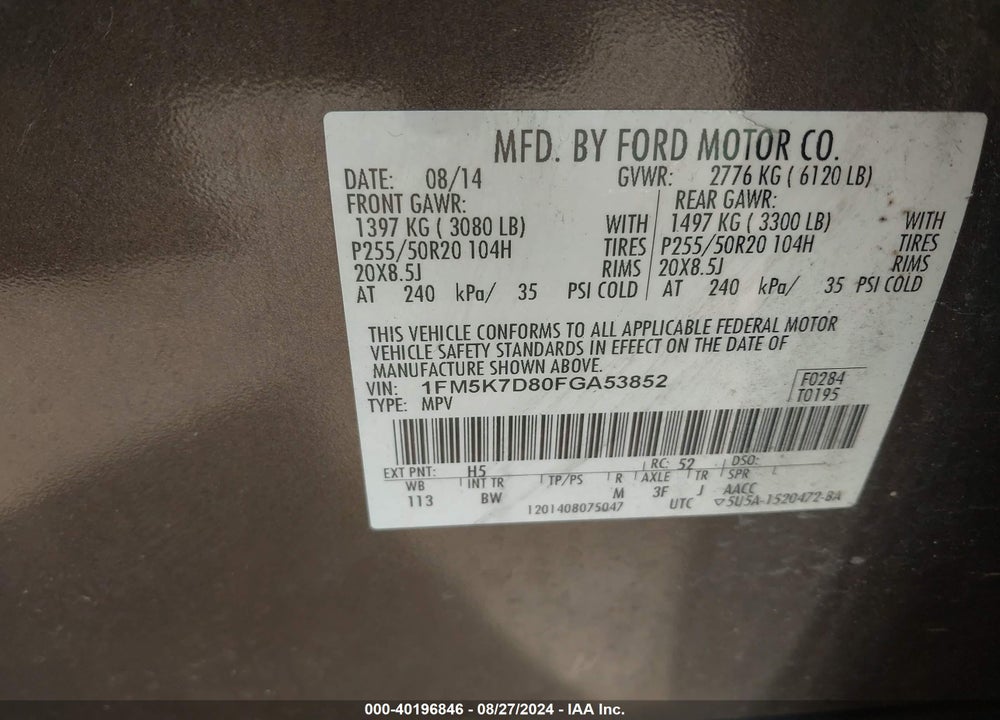 2015 FORD EXPLORER XLT VIN: 1FM5K7D80FGA53852