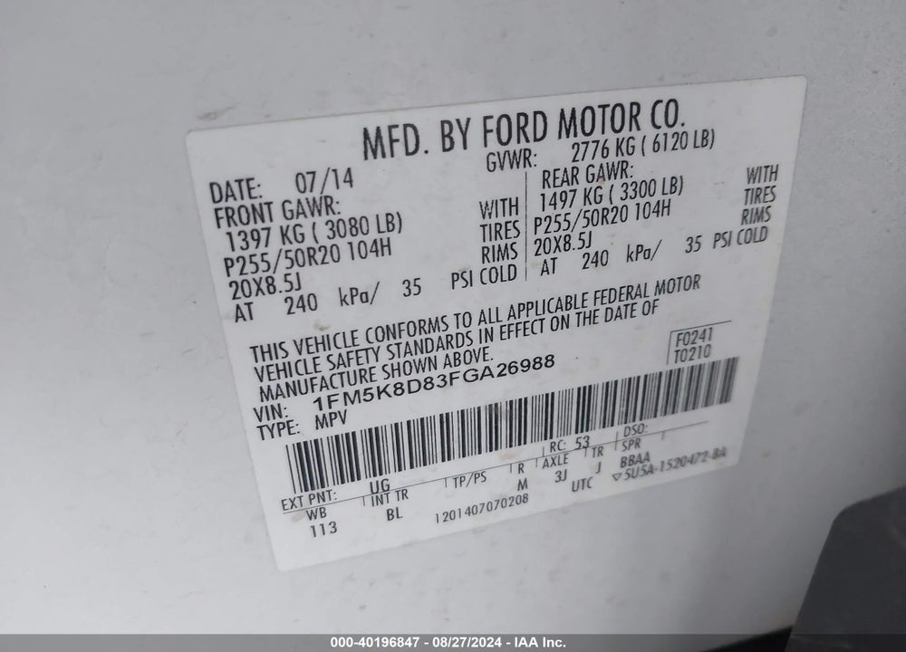 2015 FORD EXPLORER XLT VIN: 1FM5K8D83FGA26988