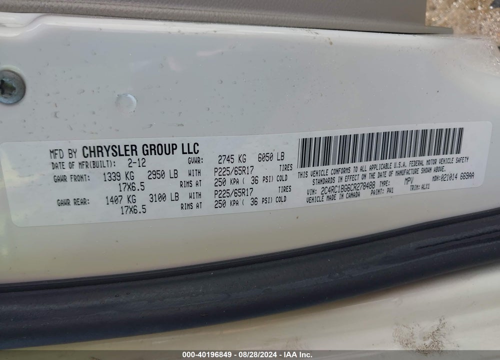 2012 CHRYSLER TOWN & COUNTRY TOURING VIN: 2C4RC1BG6CR278488
