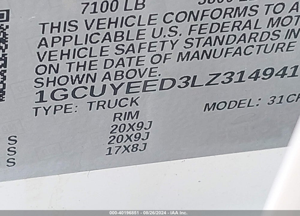 2020 CHEVROLET SILVERADO 1500 4WD SHORT BED RST VIN: 1GCUYEED3LZ314941