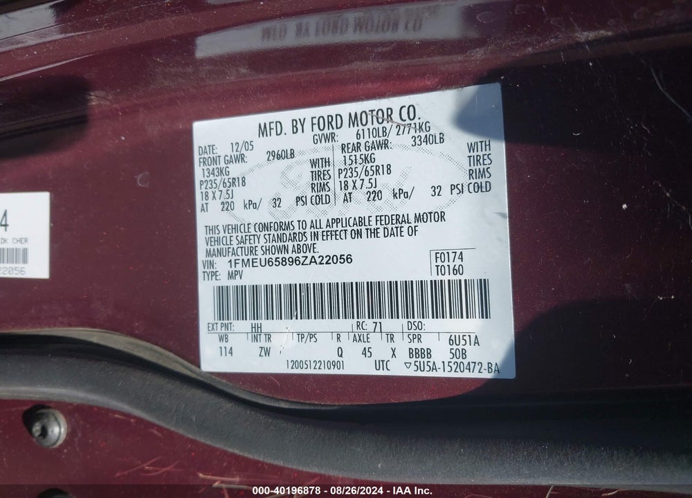 2006 FORD EXPLORER LIMITED VIN: 1FMEU65806UA61390