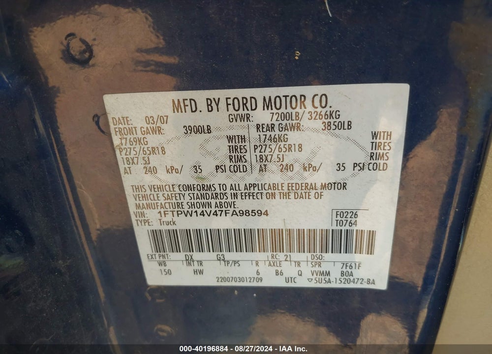 2007 FORD F-150 VIN: 1FTPW14V47FA98594