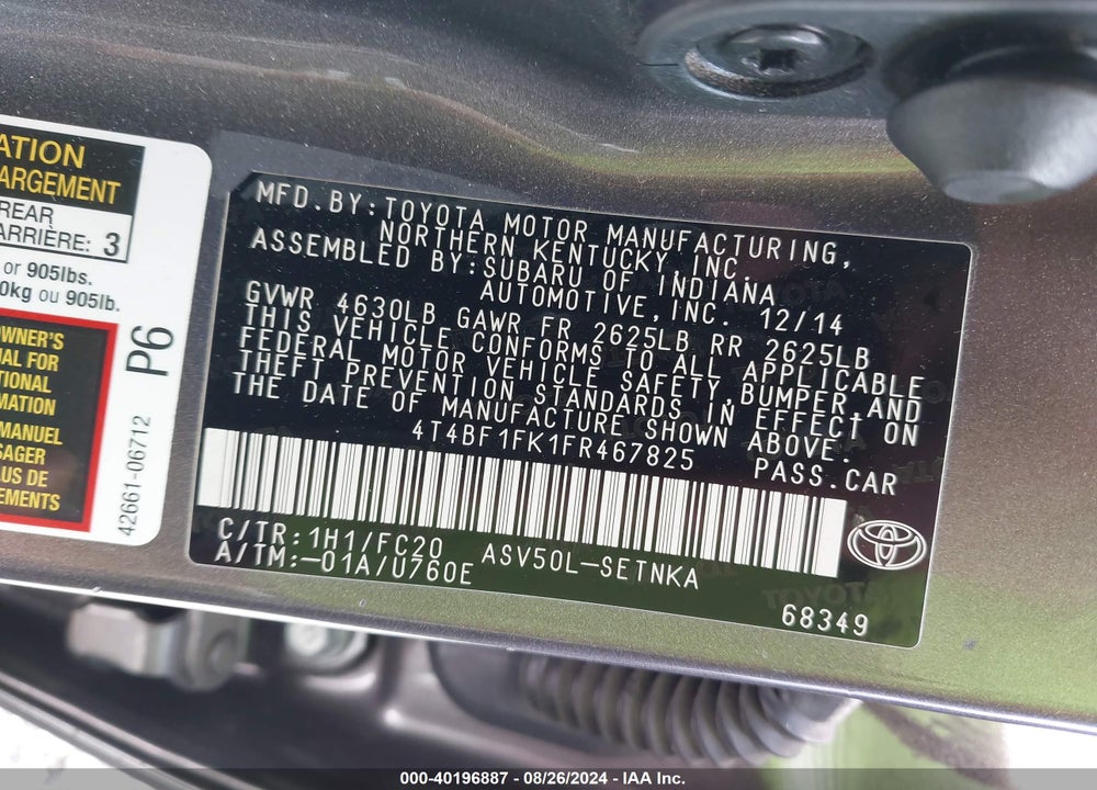 2015 TOYOTA CAMRY LE VIN: 4T4BF1FK1FR467825