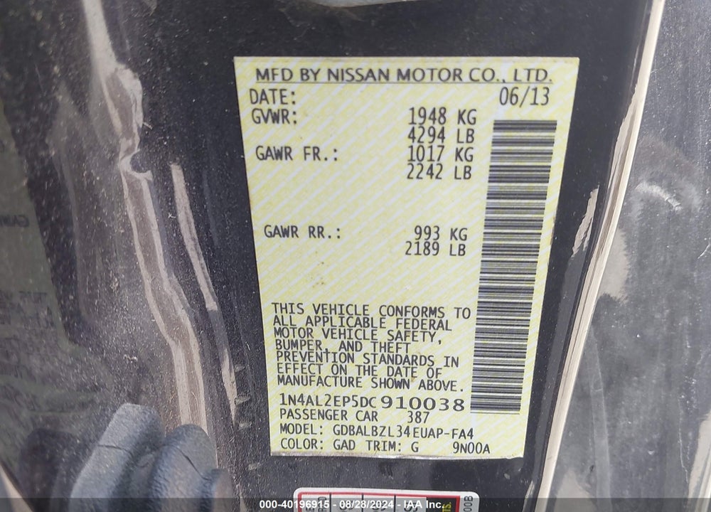 2013 NISSAN ALTIMA 2.5 S VIN: 1N4AL2EP5DC910038