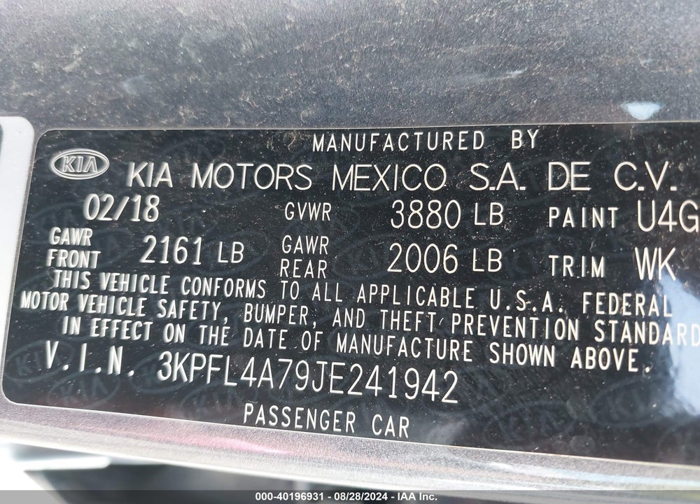 2018 KIA FORTE S VIN: 3KPFL4A79JE241942