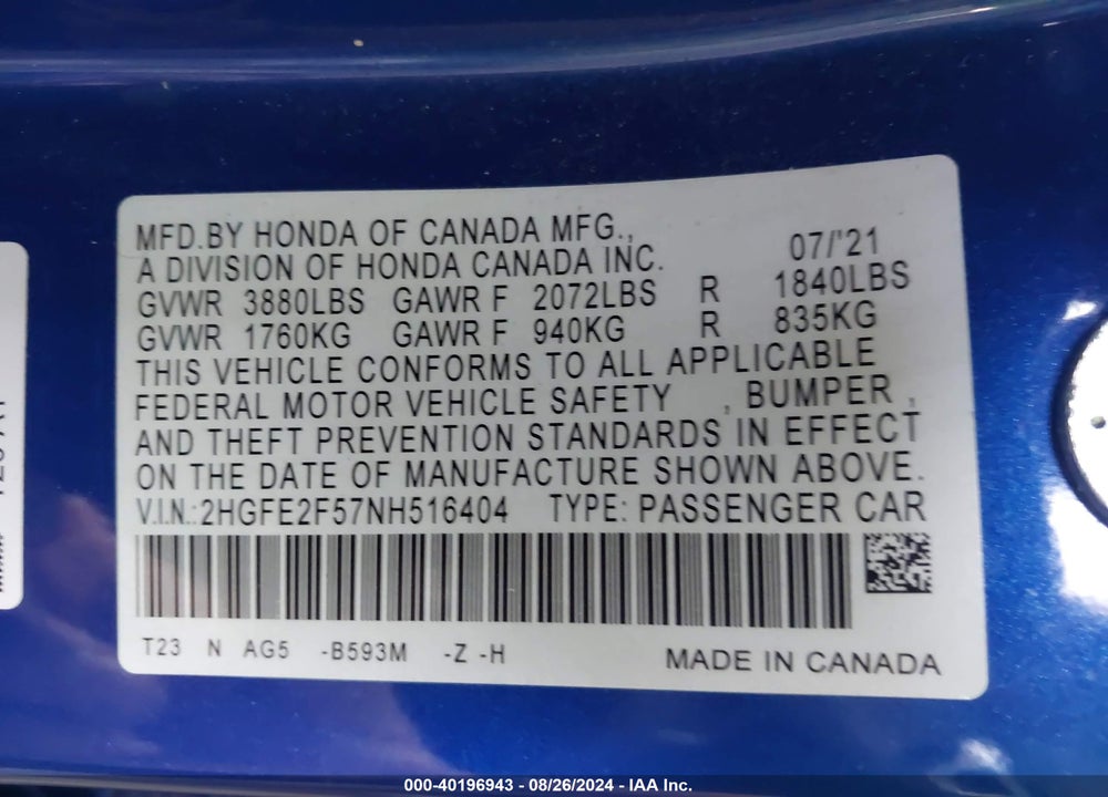 2022 HONDA CIVIC SPORT VIN: 2HGFE2F57NH516404