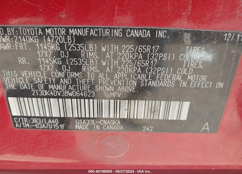 2011 TOYOTA RAV4 LIMITED V6 VIN: 2T3DK4DV3BW064623