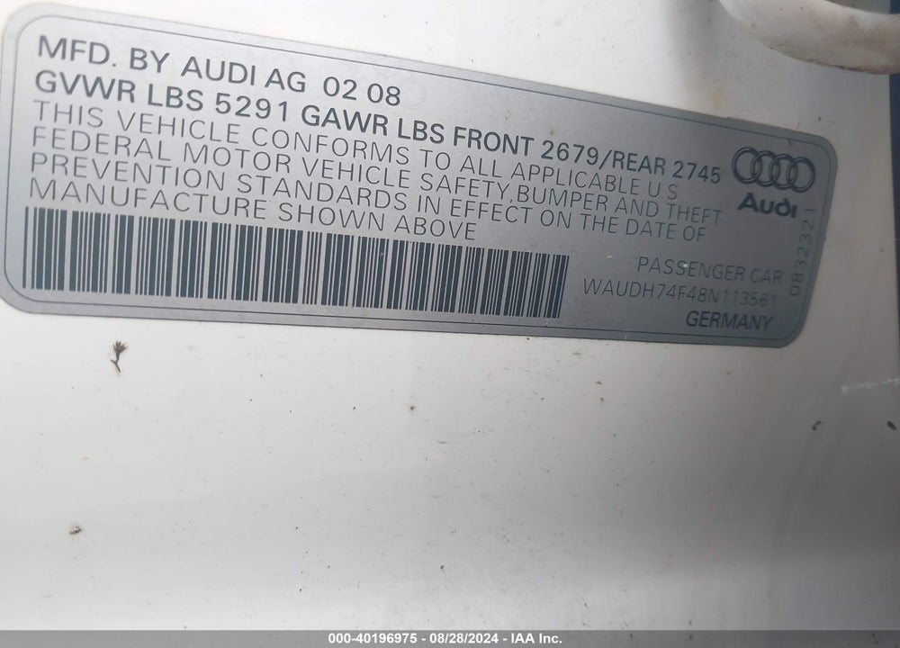 2008 AUDI A6 3.2 VIN: WAUDH74F48N113561