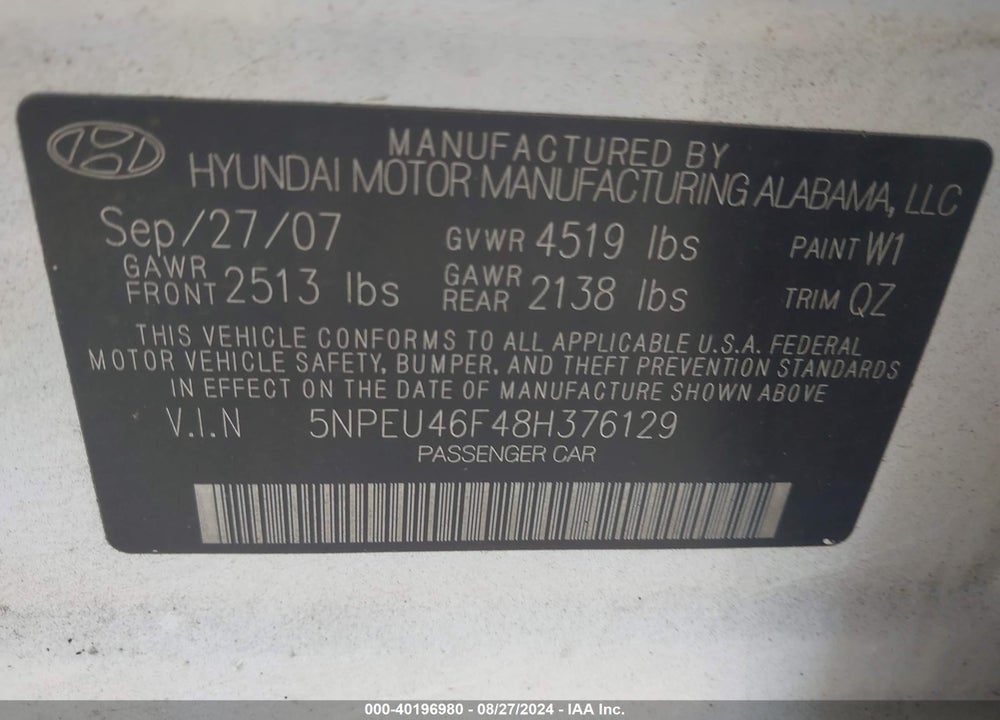 2008 HYUNDAI SONATA VIN: 5NPEU46F48H376129