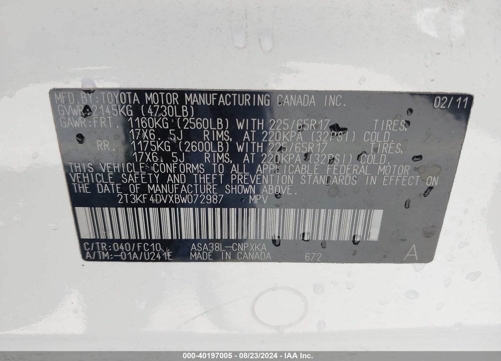 2011 TOYOTA RAV4 VIN: 2T3KF4DVXBW072987