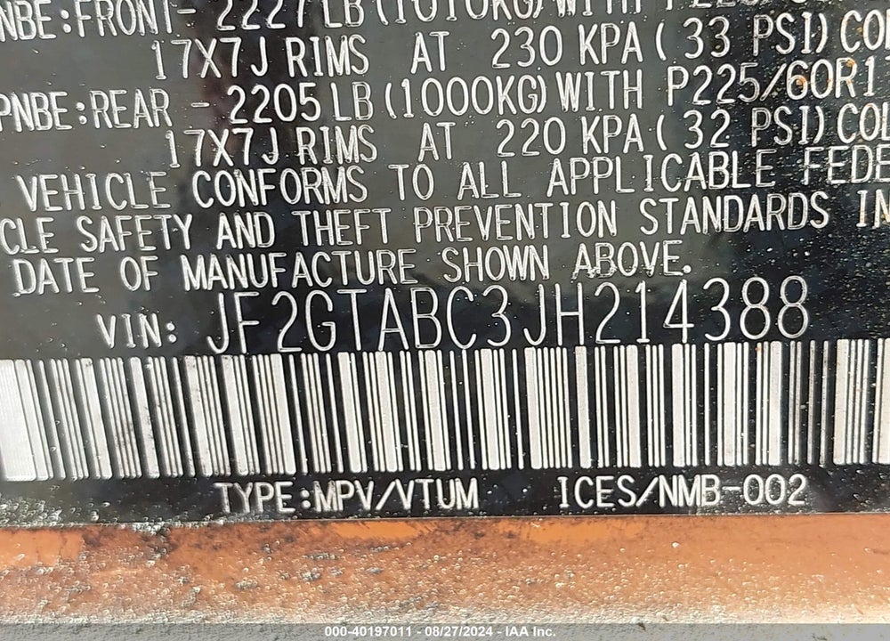2018 SUBARU CROSSTREK 2.0I PREMIUM VIN: JF2GTABC3JH214388