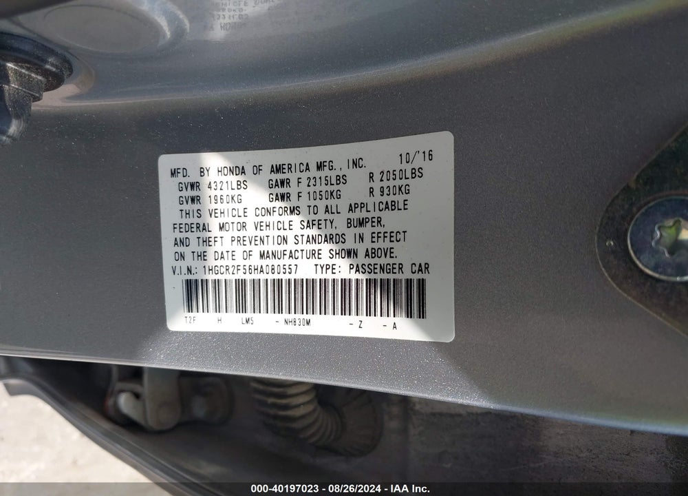 2017 HONDA ACCORD SPORT VIN: 1HGCR2F56HA080557