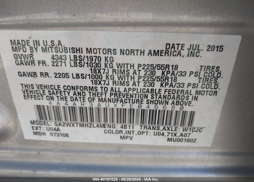 2015 MITSUBISHI OUTLANDER SPORT ES VIN: 4A4AR3AUXFE046680