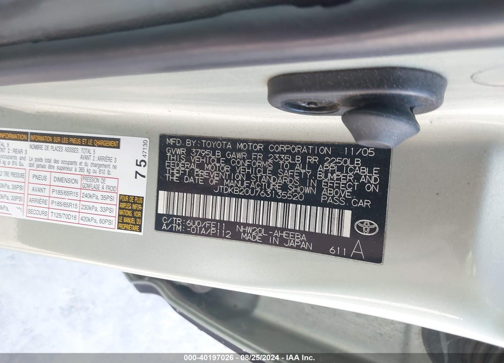2006 TOYOTA PRIUS VIN: JTDKB20U763135520