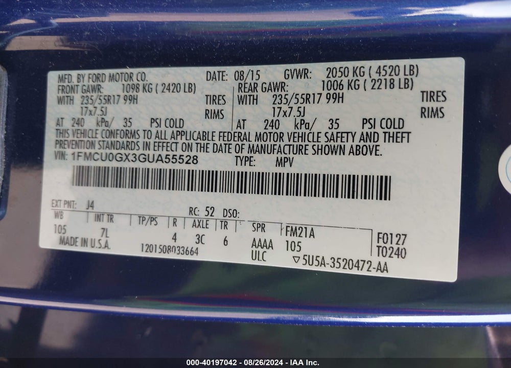 2016 FORD ESCAPE SE VIN: 1FMCU0GX3GUA55528