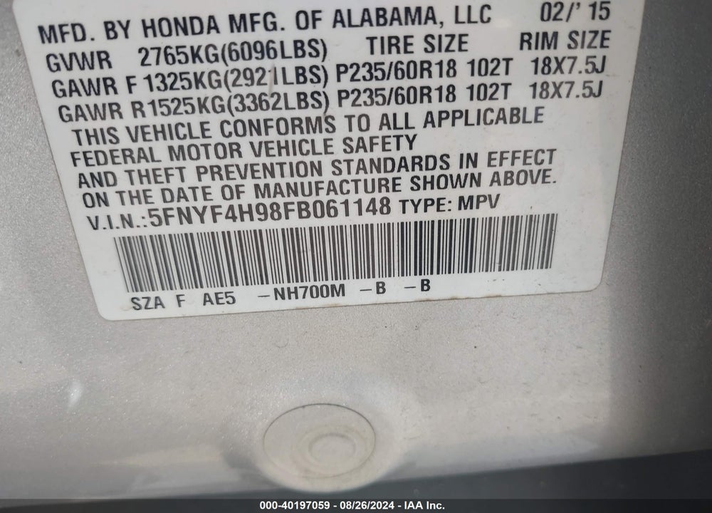 2015 HONDA PILOT TOURING VIN: 5FNYF4H98FB061148