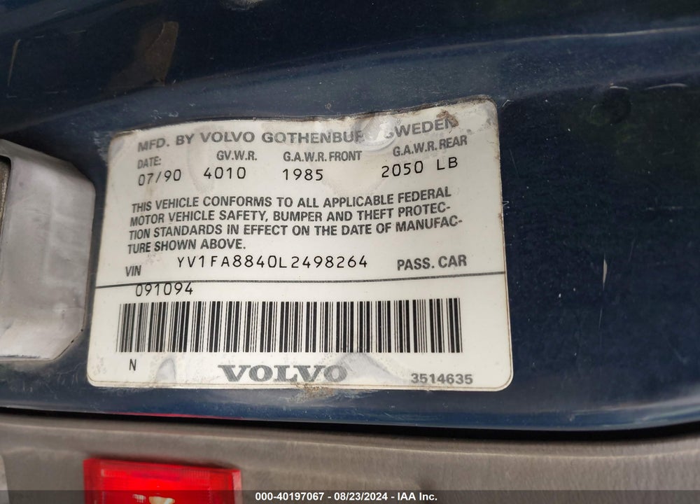 1990 VOLVO 740 GL VIN: YV1FA8840L2498264