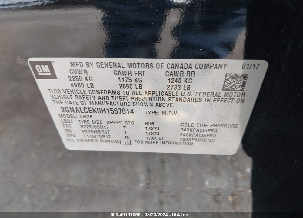 2017 CHEVROLET EQUINOX LT VIN: 2GNALCEK9H1567614