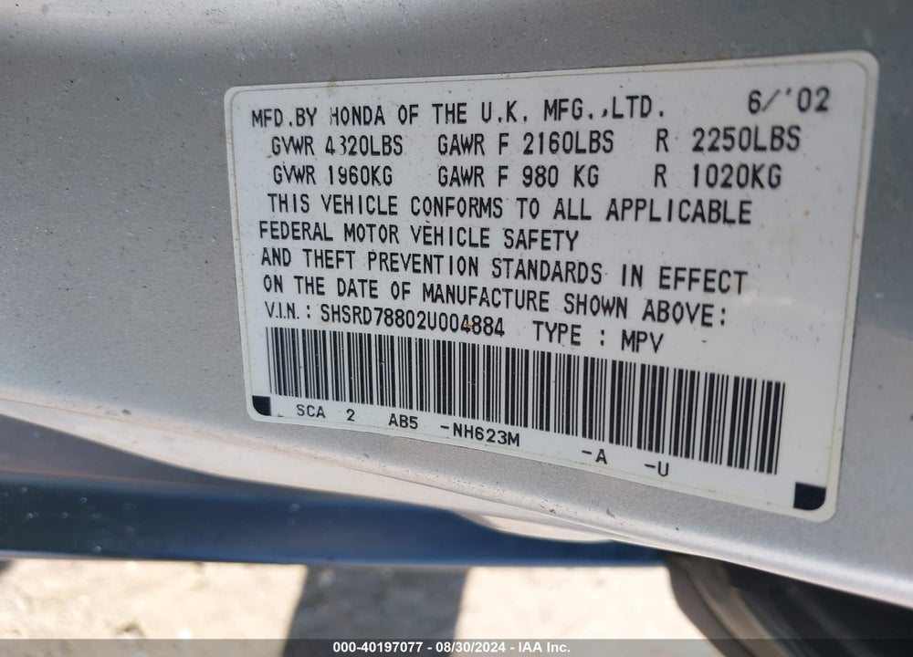 2002 HONDA CR-V EX VIN: SHSRD78802U004884