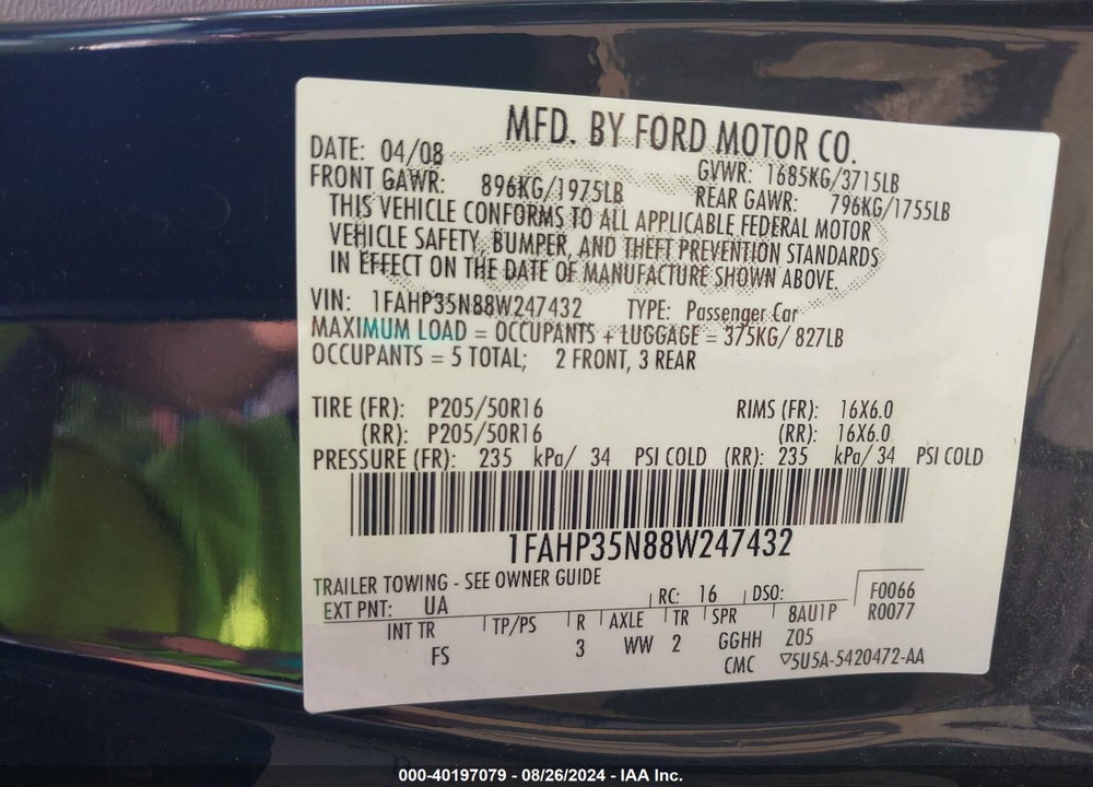 2008 FORD FOCUS SE/SES VIN: 1FAHP35N88W247432