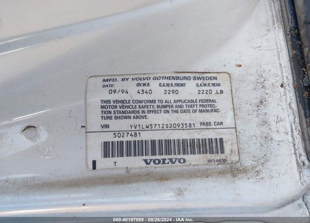 1995 VOLVO 850 VIN: YV1LW5712S2093581