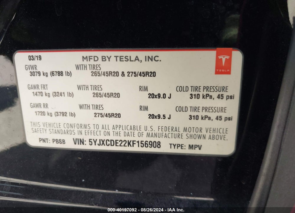 2019 TESLA MODEL X 100D/75D/LONG RANGE/STANDARD RANGE VIN: 5YJXCDE22KF156908