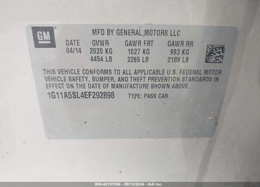 2014 CHEVROLET MALIBU 1FL VIN: 1G11A5SL4EF292898