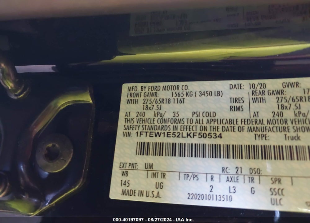2020 FORD F-150 XLT VIN: 1FTEW1E52LKF50534