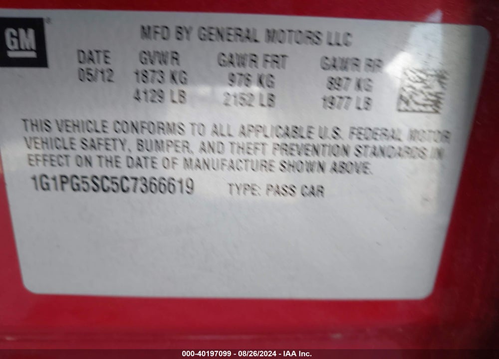 2012 CHEVROLET CRUZE 2LT VIN: 1G1PG5SC5C7366619